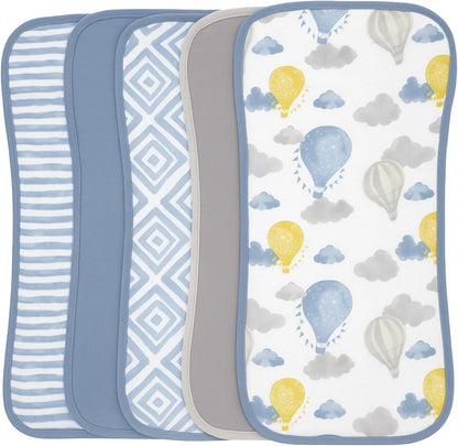 Featherhead 5-Pack Muslin Burp Cloths blue balloons front view