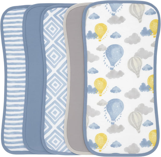 Featherhead 5-Pack Muslin Burp Cloths blue balloons front view
