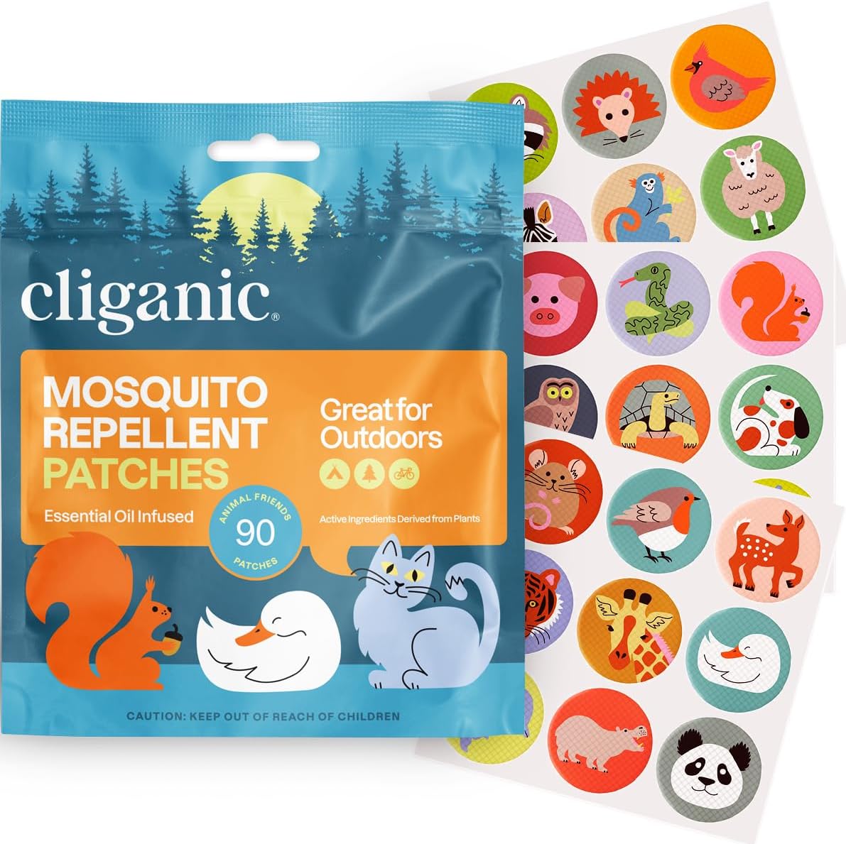 Cliganic Mosquito Repellent Stickers 90 count pack with colorful animal designs for kids