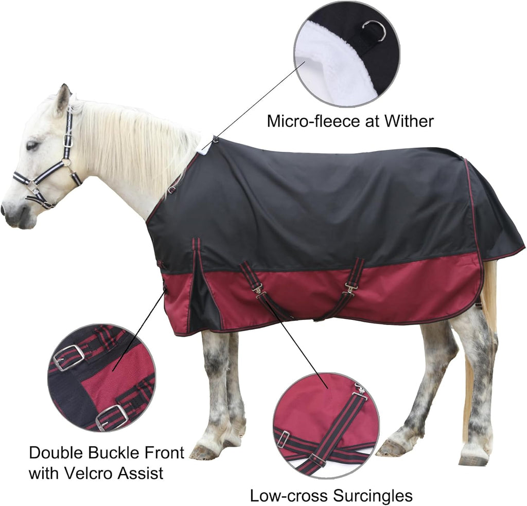 Lightweight turnout rain sheet in blackwine color on a horse outdoors