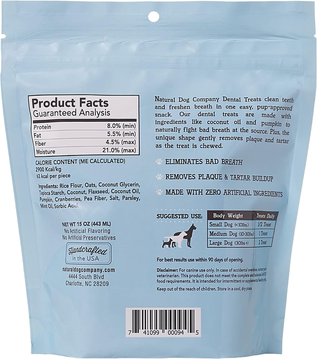 Back label of dog dental chews showing ingredients and feeding guidelines