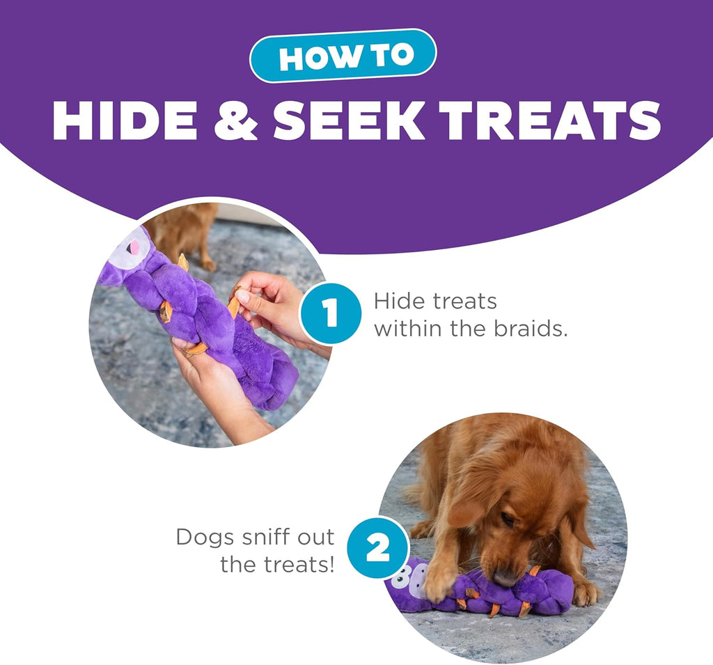 Dog playing with Outward Hound Twistiez interactive plush toy