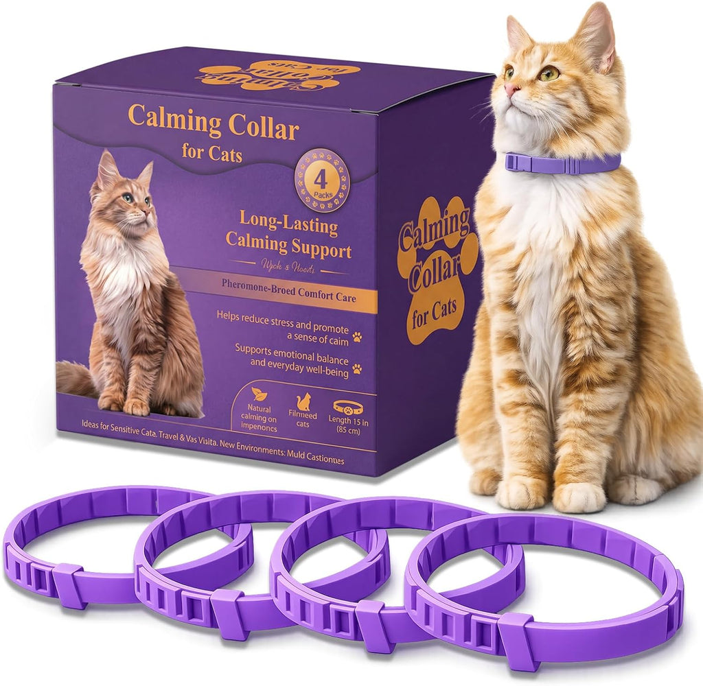 Ghilane Calming Collars for Cats front view package showcasing four lavender colored anti-anxiety pheromone bands.