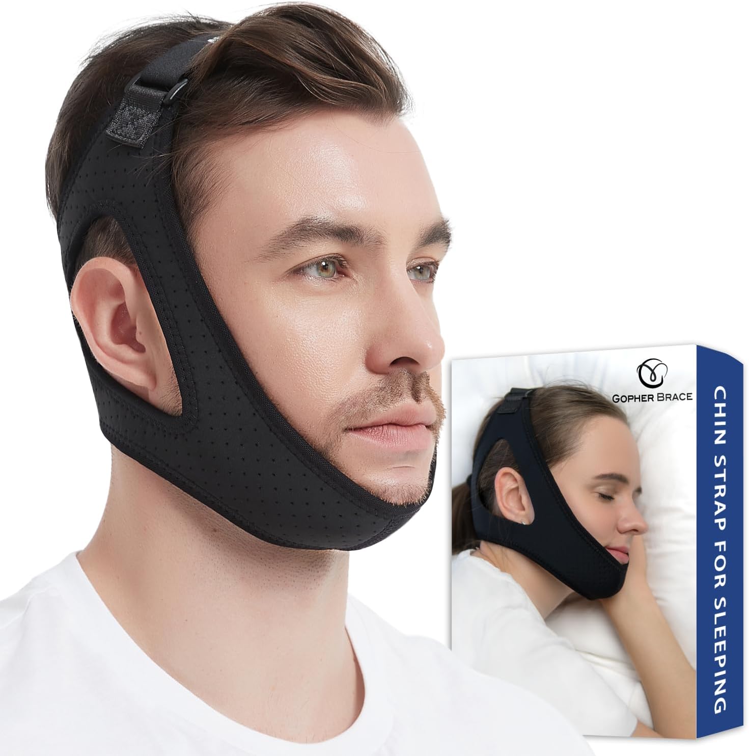 GOPHERBRACE chin strap for CPAP users front view adjustable anti snoring device.