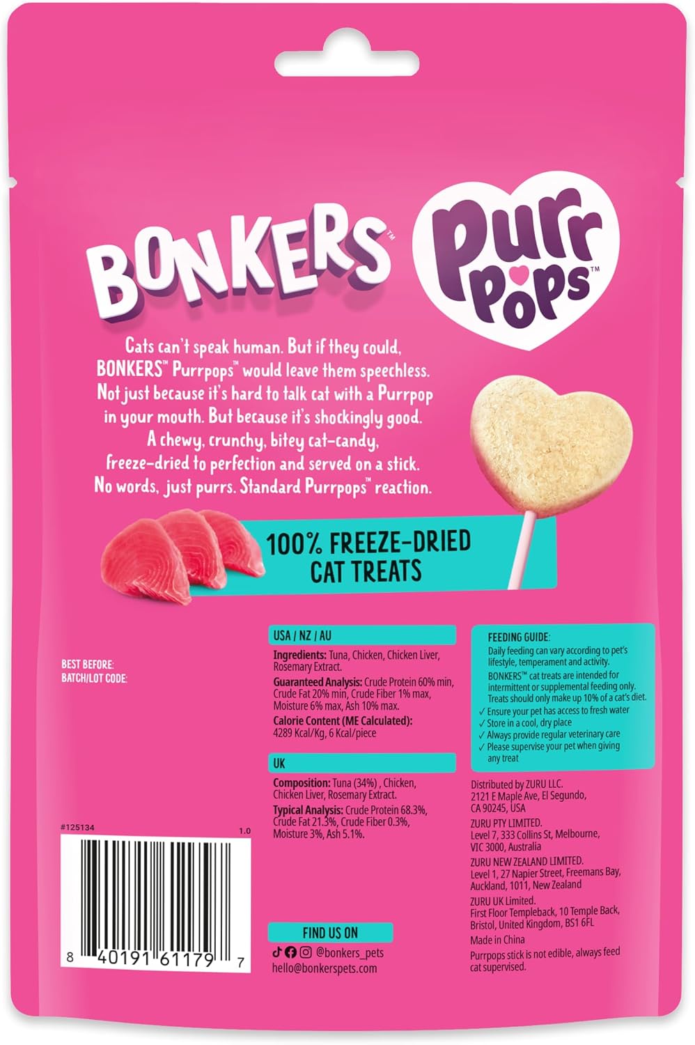 Bonkers Purrpops forty five treats value pack nutritional info and premium ingredients label.