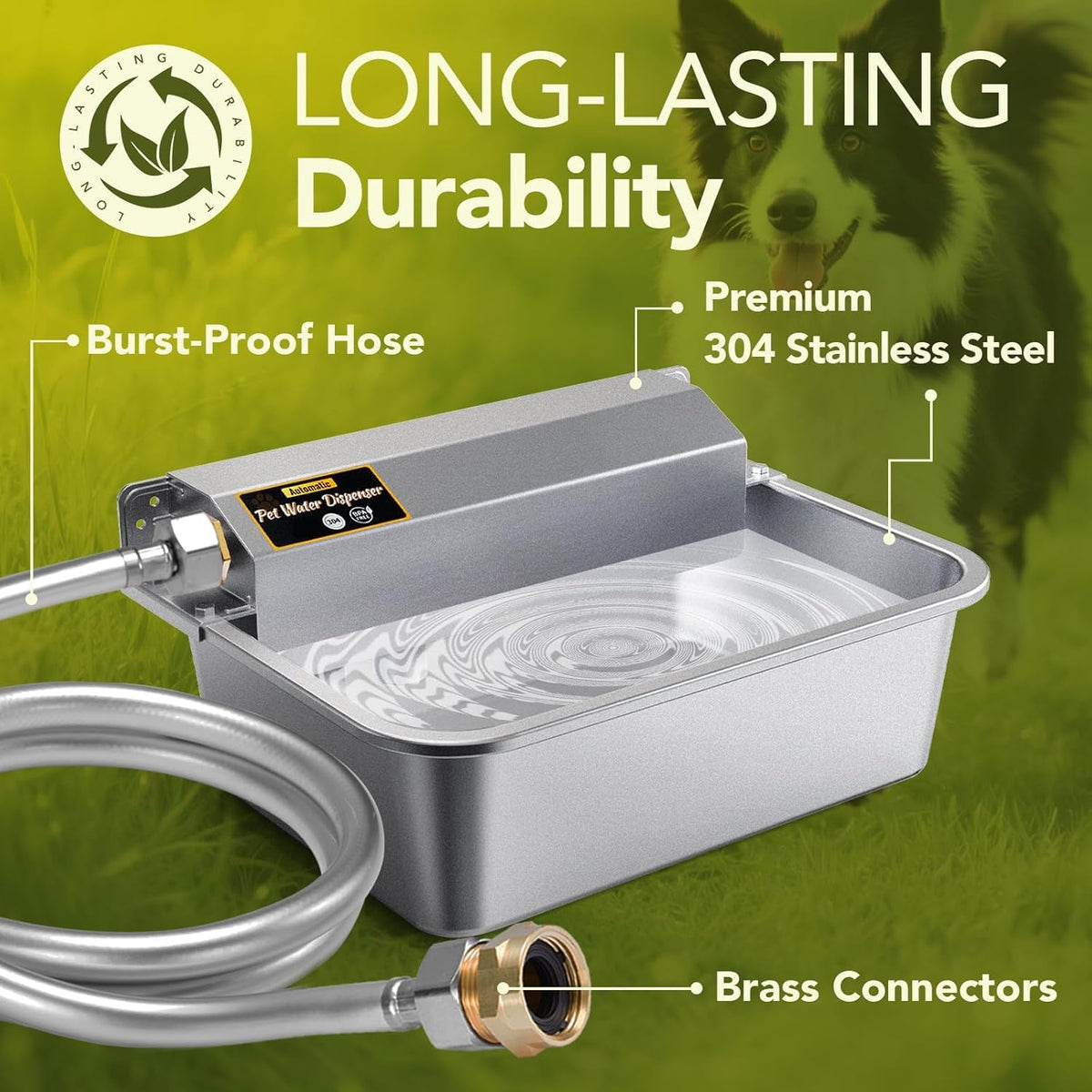 Two gallon self filling pet waterer connected to outdoor garden hose thread faucet