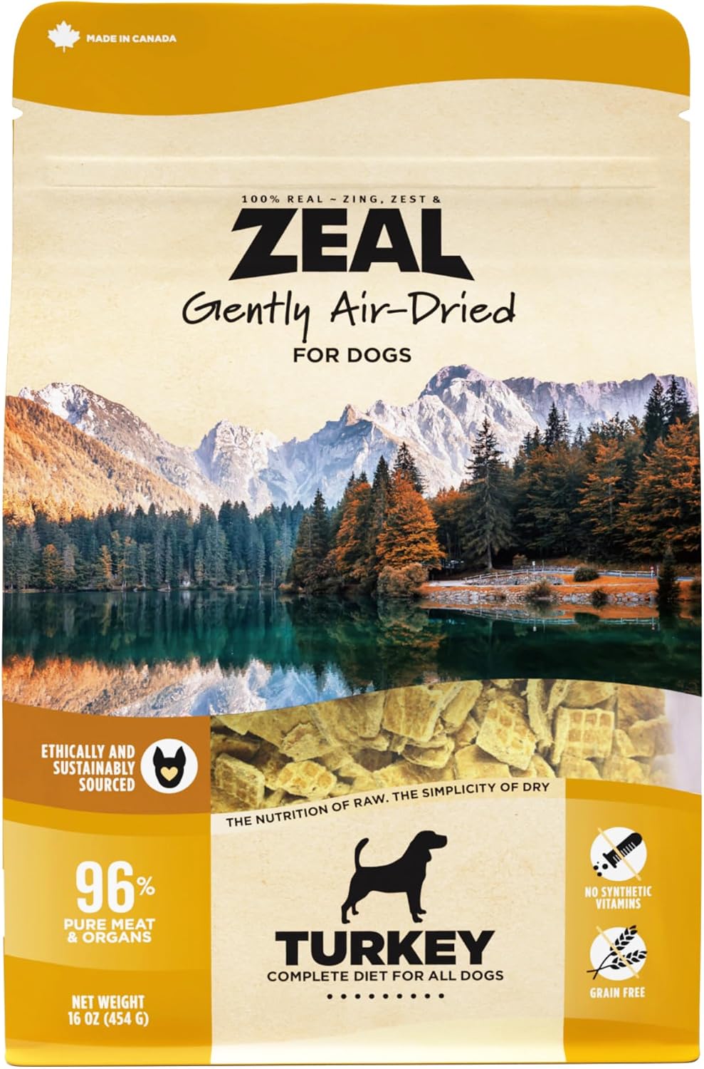 Close up of ZEAL Canadian grain free dog food kibble chunks showing texture.