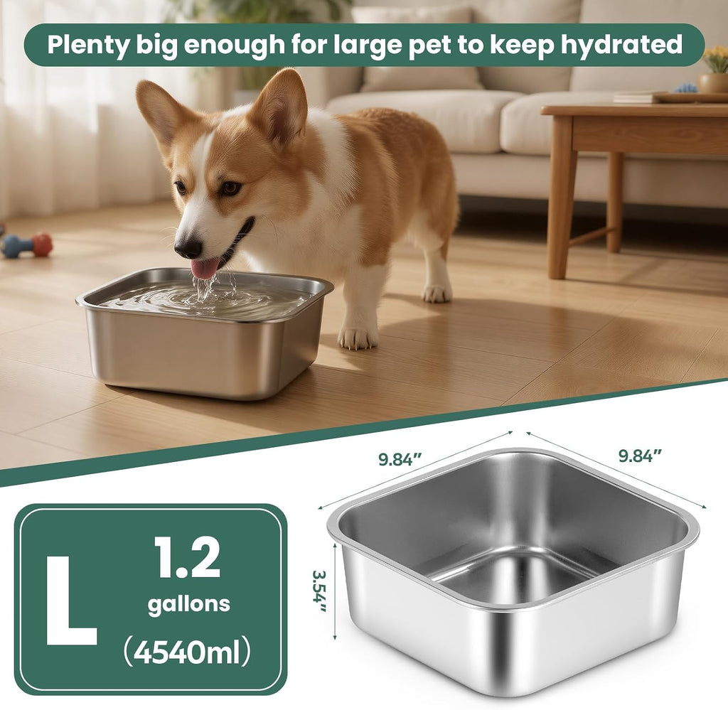 ZPUFAW one point two gallon capacity dog bowl filled with fresh water for large breeds.