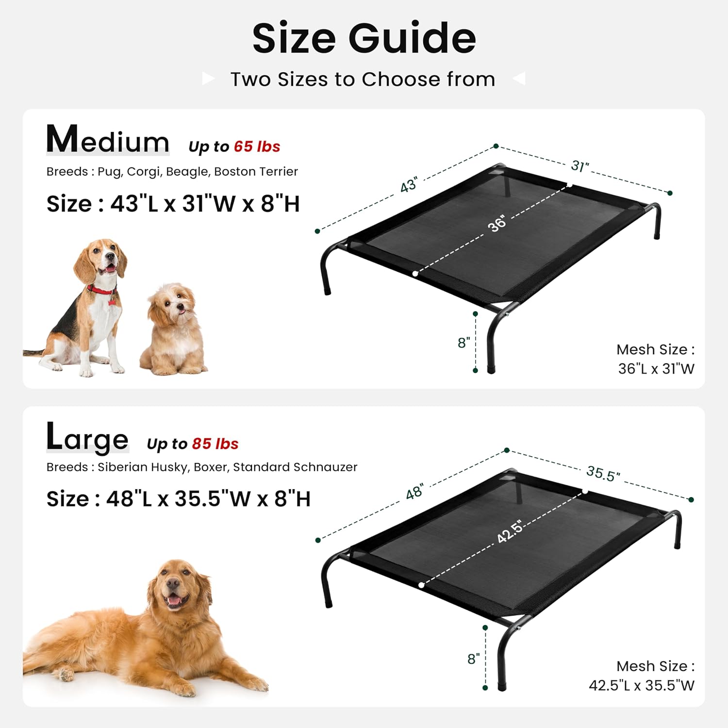 Side profile of elevated dog bed showing 8 inch clearance