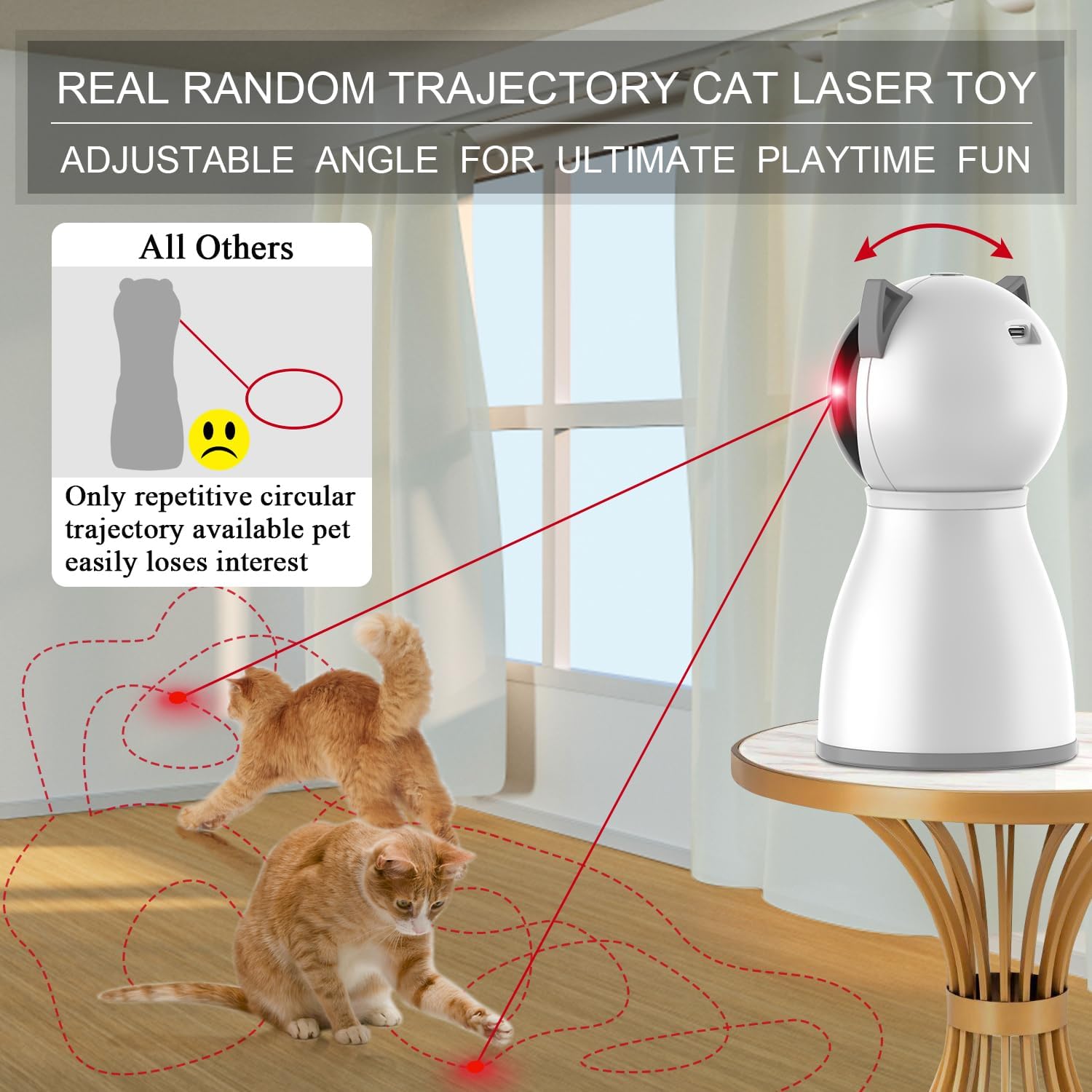 Rechargeable automatic cat laser toy projecting random laser trajectory on a flat surface.