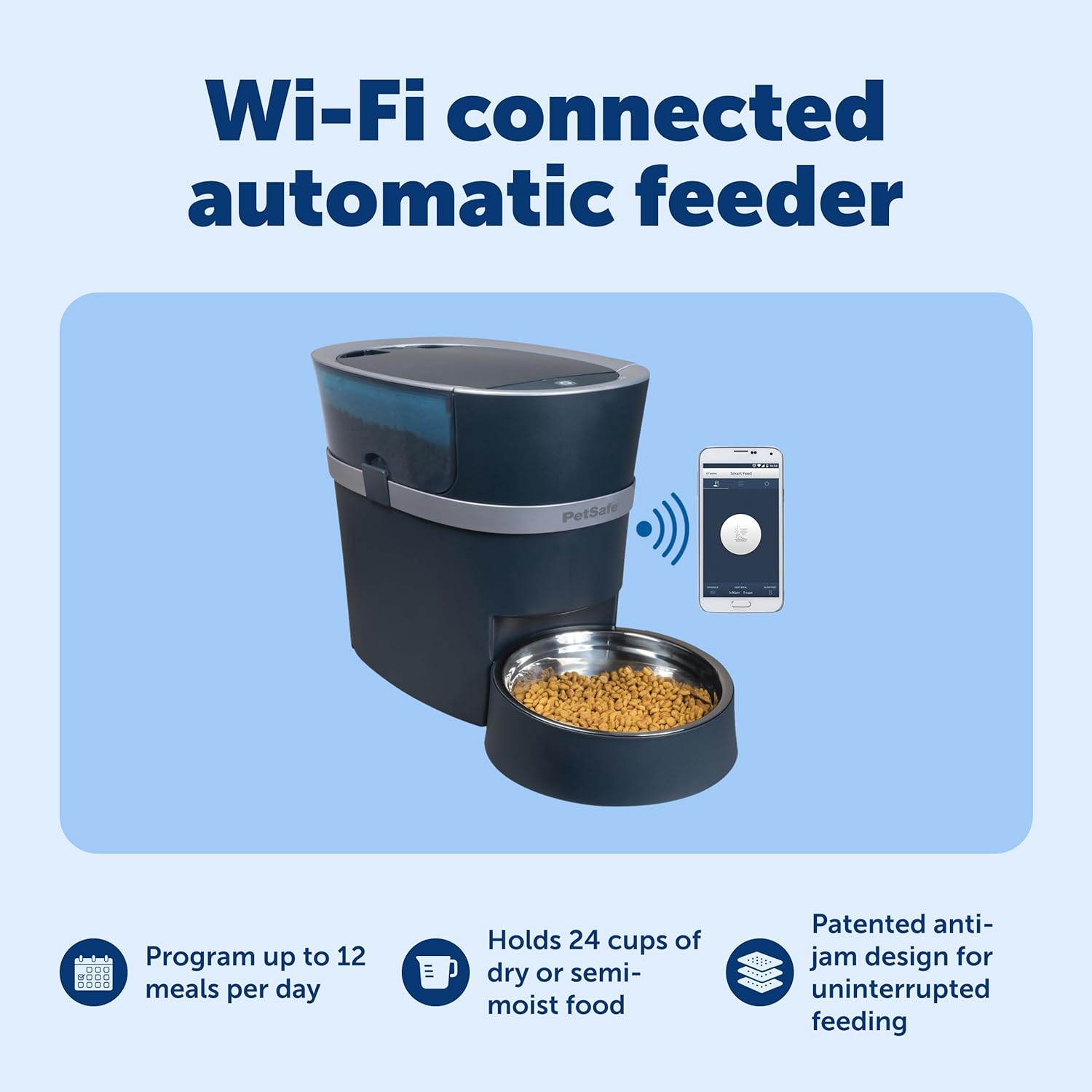 PetSafe Smart Feed smartphone application interface demonstrating remote meal scheduling.