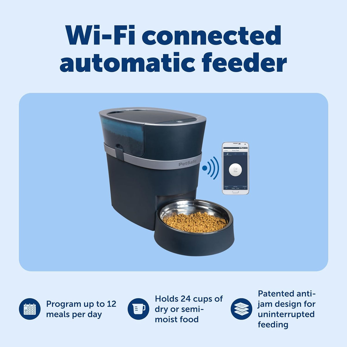 PetSafe Smart Feed smartphone application interface demonstrating remote meal scheduling.