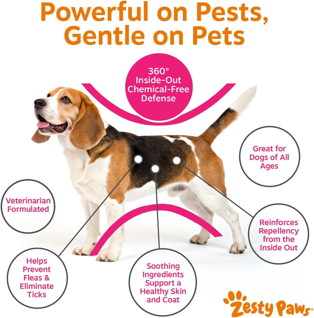 Back label of Zesty Paws flea and tick dog chews