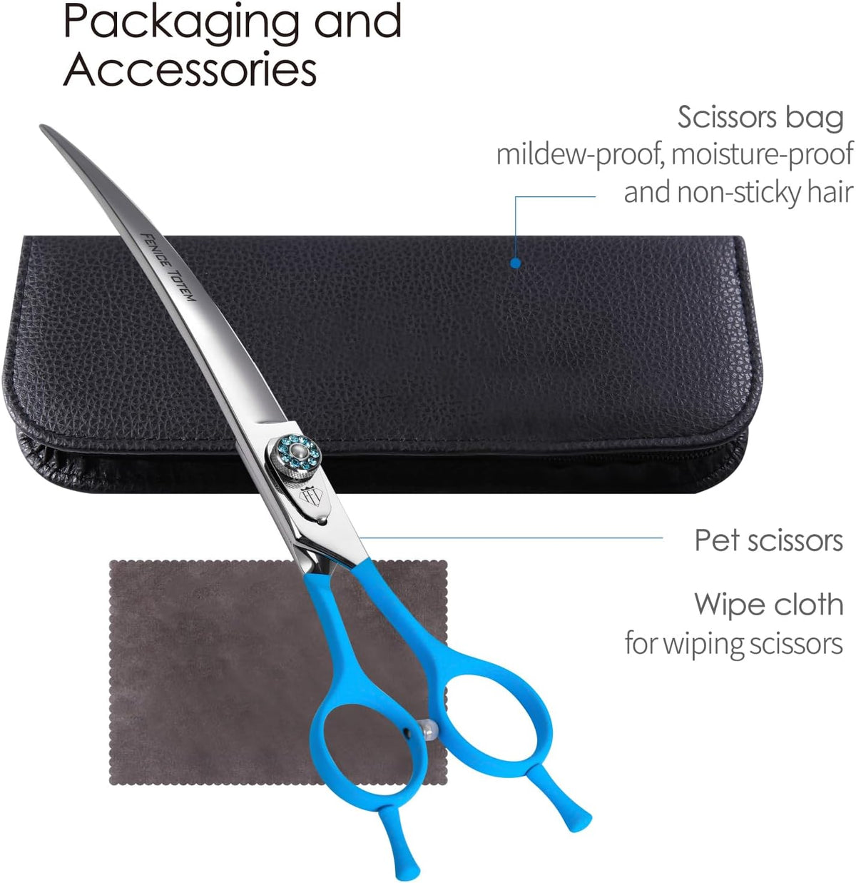 Fenice Totem sharp and durable curved dog shears on a professional grooming setup background.