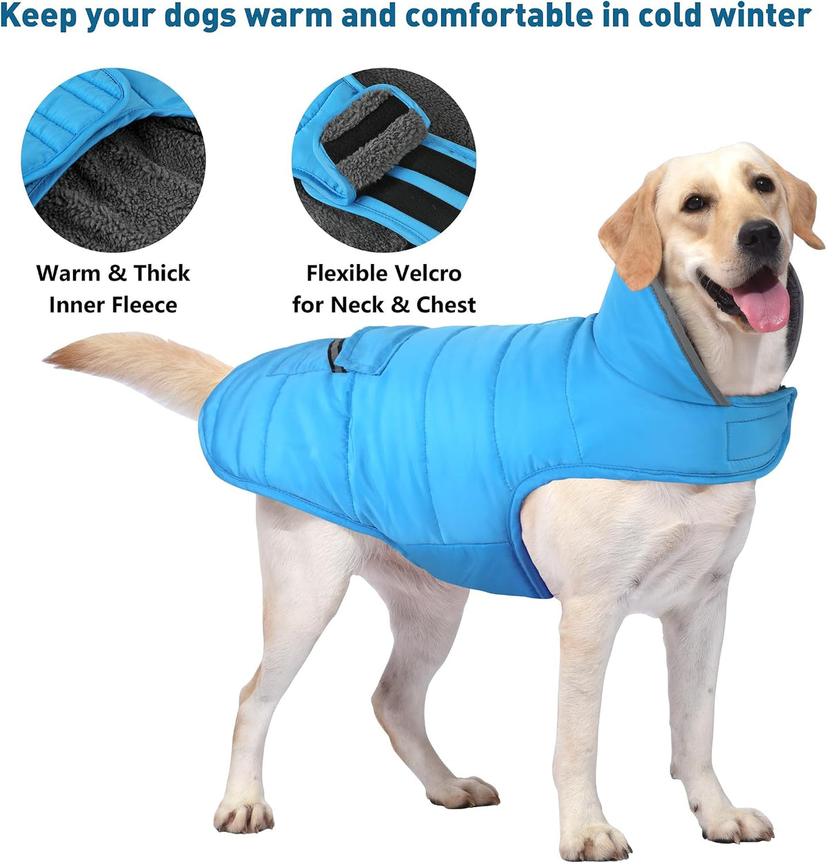 Petglad dog winter jacket side profile showing the reflective stripes and adjustable straps