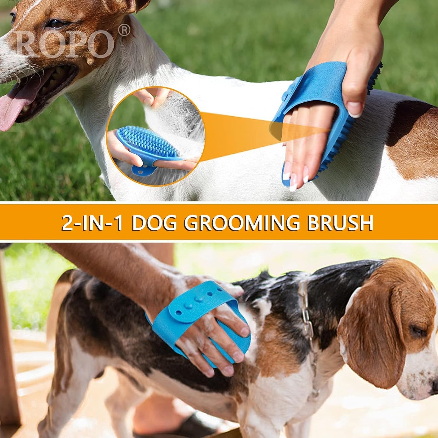 ROPO rubber pet bath brush showing the flexible strap adjustment for different hand sizes.