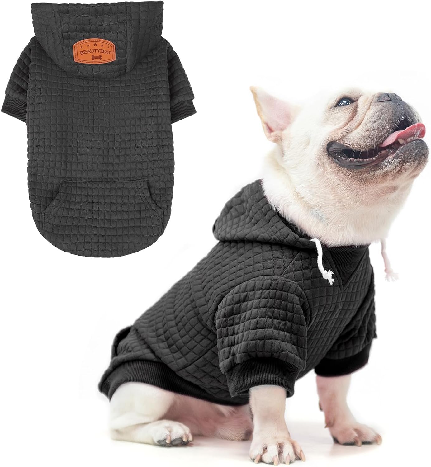 BEAUTYZOO dog hoodie front view showcasing the black waffle-knit pullover design for small pets.