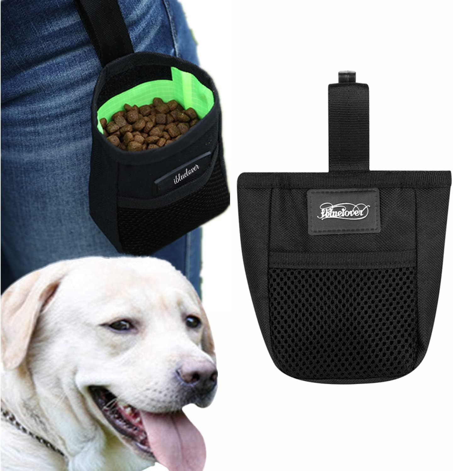 IBLUELOVER Mini Dog Treat Training Pouch front view showing black nylon body and mesh pocket