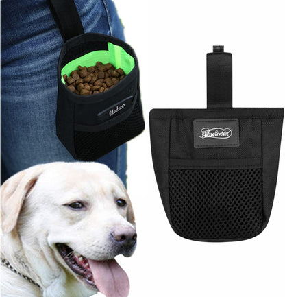 IBLUELOVER Mini Dog Treat Training Pouch front view showing black nylon body and mesh pocket
