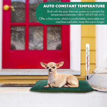 Automatic temperature control pet heating mat with a cat resting comfortably on top.