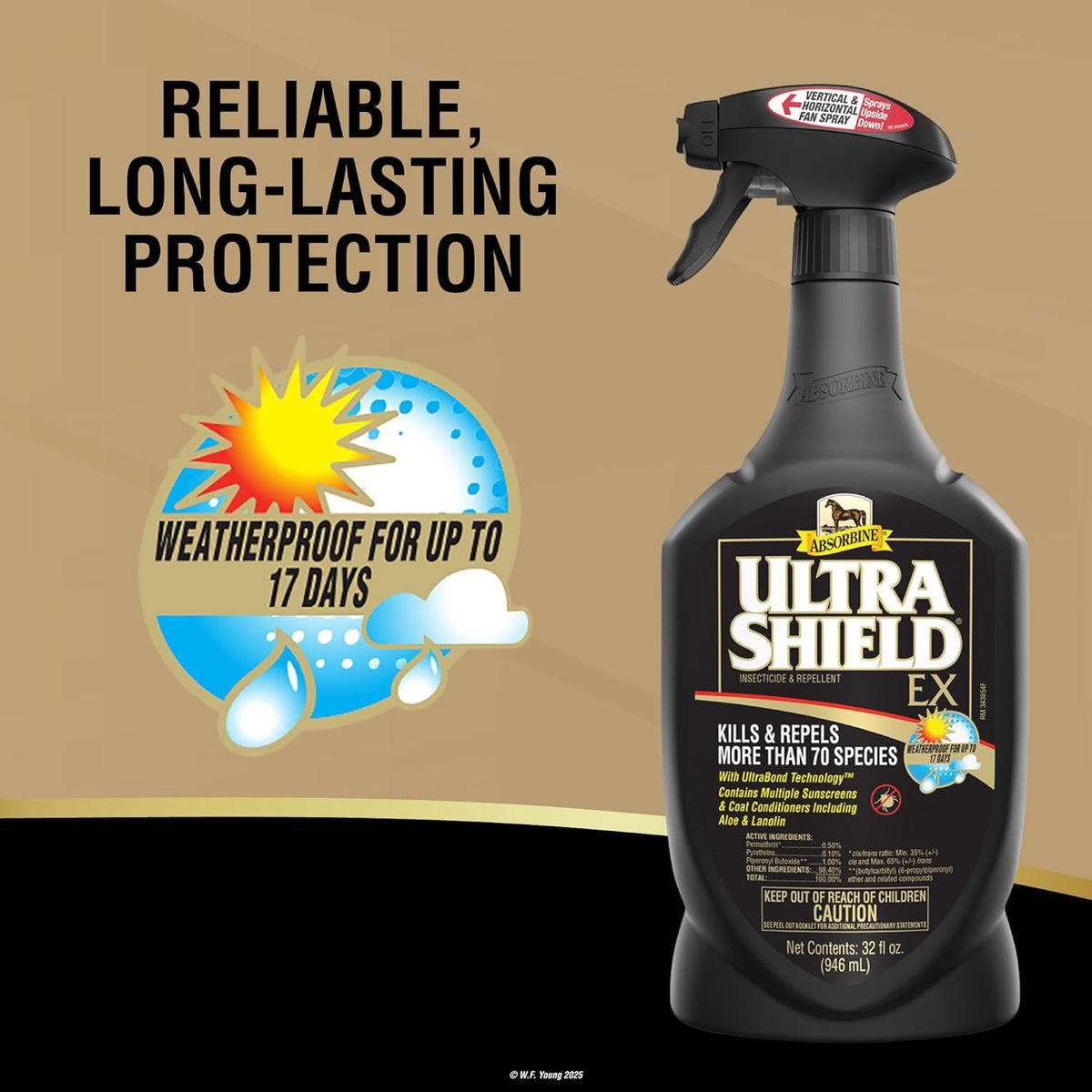 Absorbine weatherproof fly spray packaging close-up shot