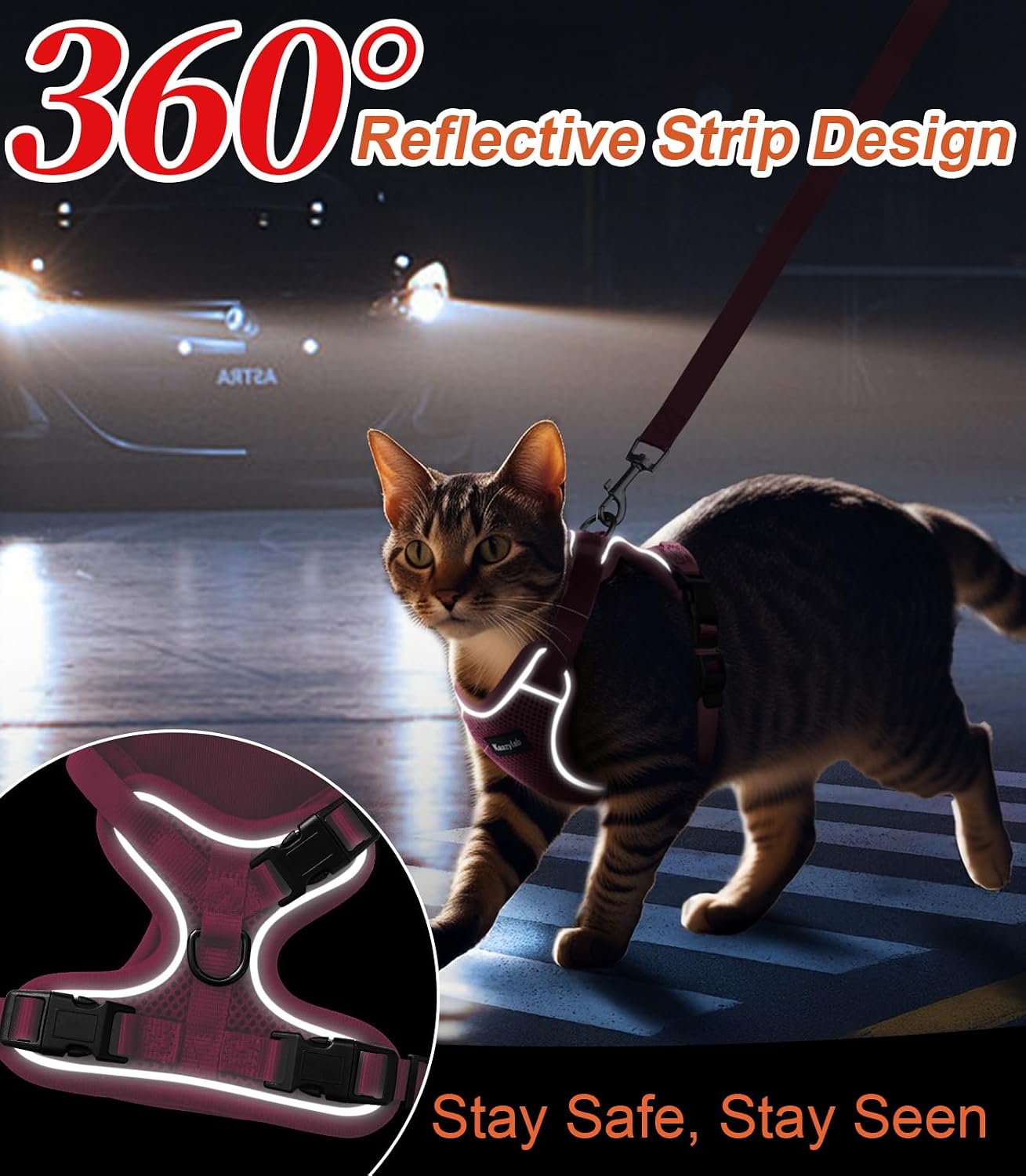 Side profile of escape proof cat harness on feline