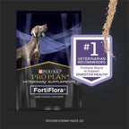 Pro Plan Veterinary Diets FortiFlora 30 count dog probiotic packaging showcasing ingredients and benefits