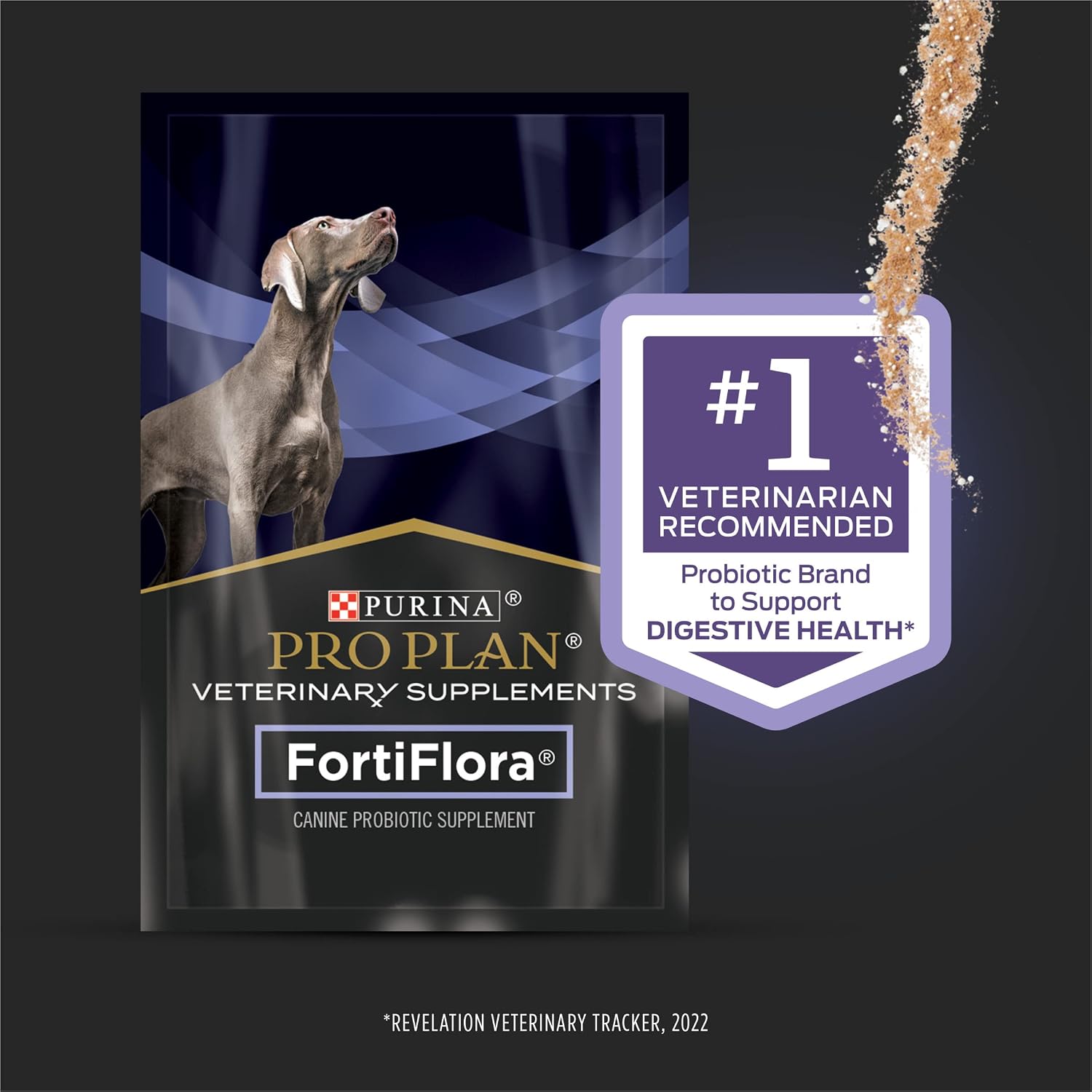 Pro Plan Veterinary Diets FortiFlora 30 count dog probiotic packaging showcasing ingredients and benefits