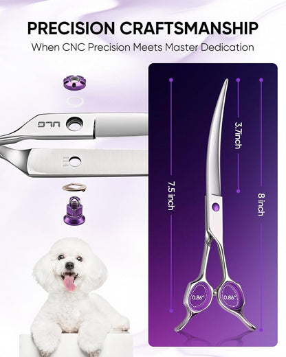 ULG grooming scissors showing the ergonomic three-point support system handle design.