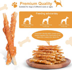 Close up of grain free dog treats illustrating the layered chicken and rawhide components.