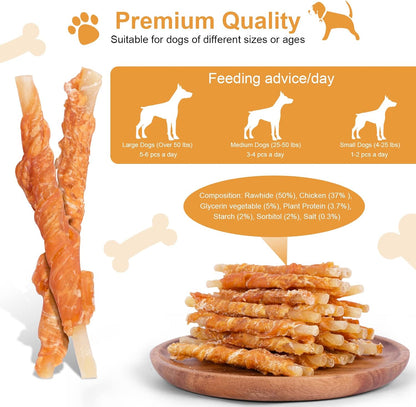 Close up of grain free dog treats illustrating the layered chicken and rawhide components.
