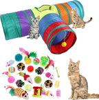 ISMARTEN 32 piece cat toy assortment kit front view showing the 3-way rainbow tunnel