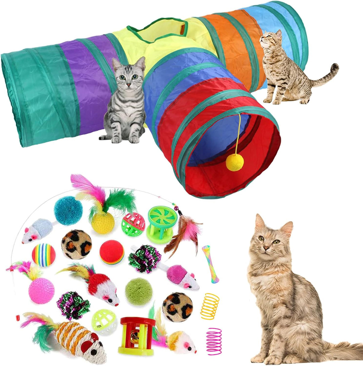 ISMARTEN 32 piece cat toy assortment kit front view showing the 3-way rainbow tunnel