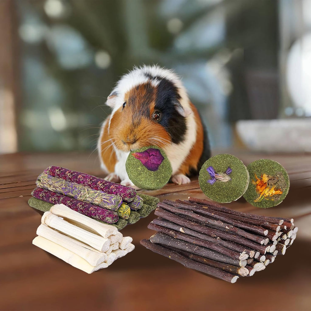 Assorted safe wood and grass gnawing toys for small animal enrichment