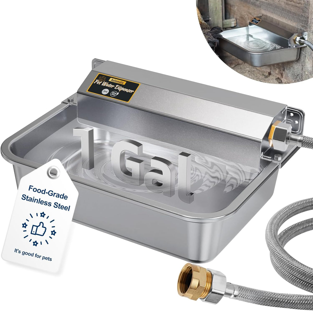 PETHIND automatic water dispenser front view showing the stainless steel bowl for dogs.