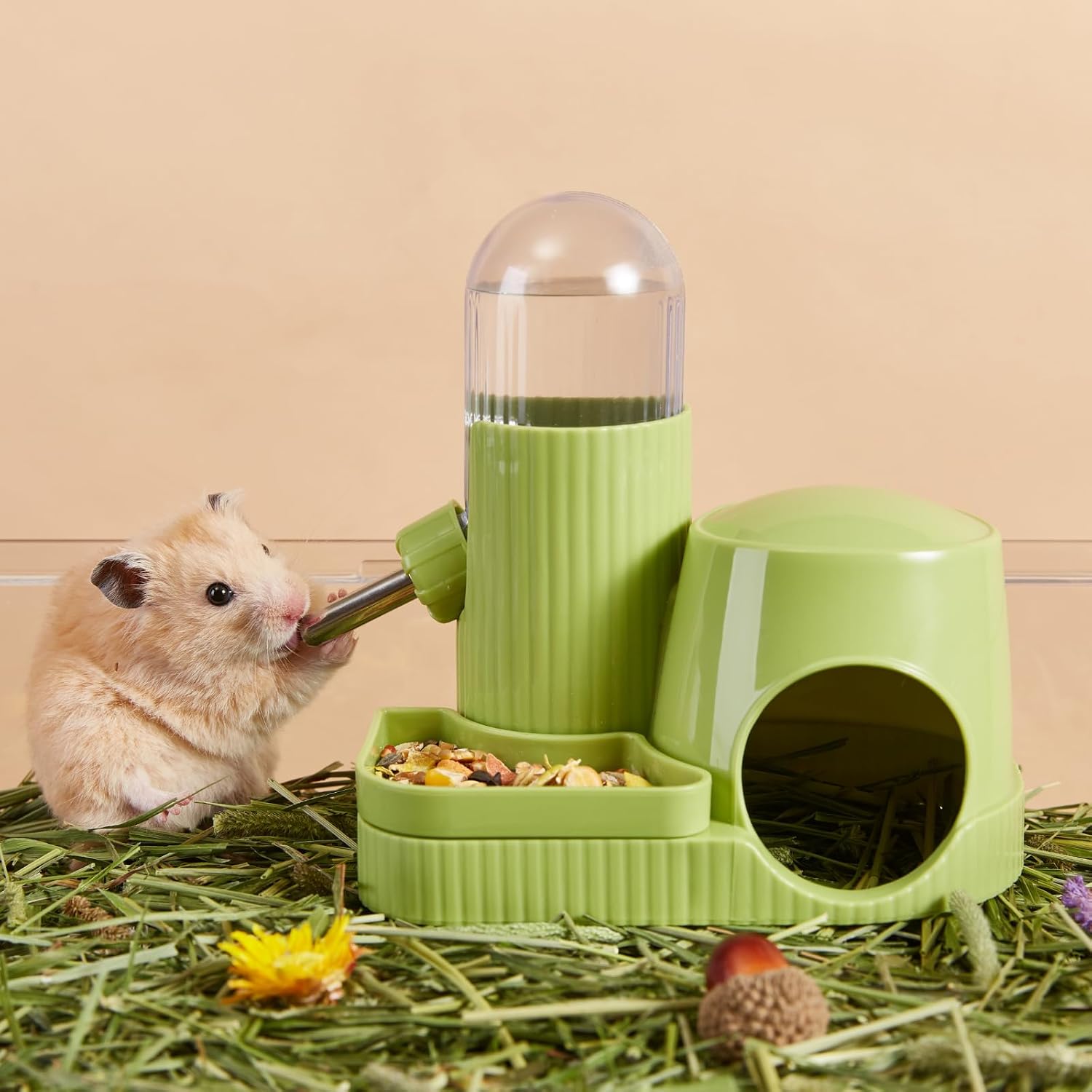 3 in 1 Hamster Water Bottle No Drip Automatic Leakproof Dispenser with Food Container and Hideout Base for Gerbil Rat Dwarf Hamster Mouse (Green, 3.4oz) - Image 5