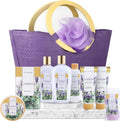 Spa Luxetique lavender spa gift basket front view showcasing tote bag and bath products.