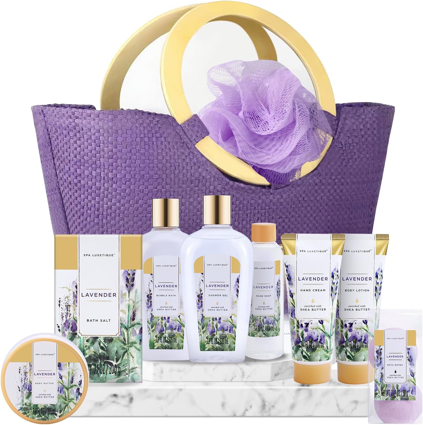 Spa Luxetique lavender gift basket with wooden handle tote bag