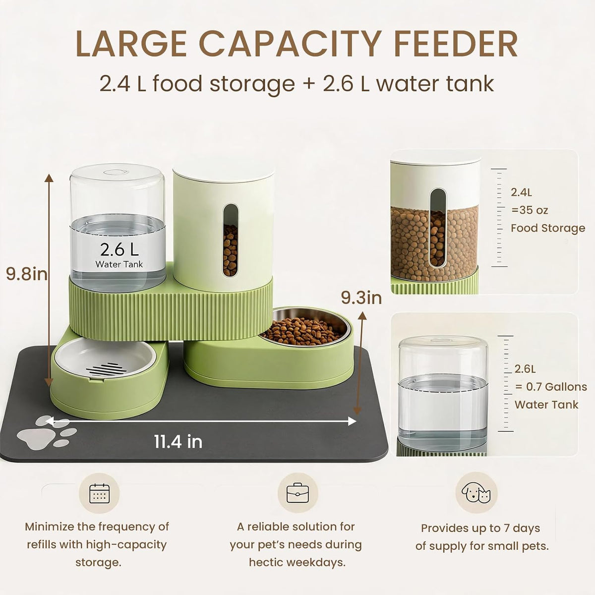 Small dog eating from gravity automatic pet food dispenser station