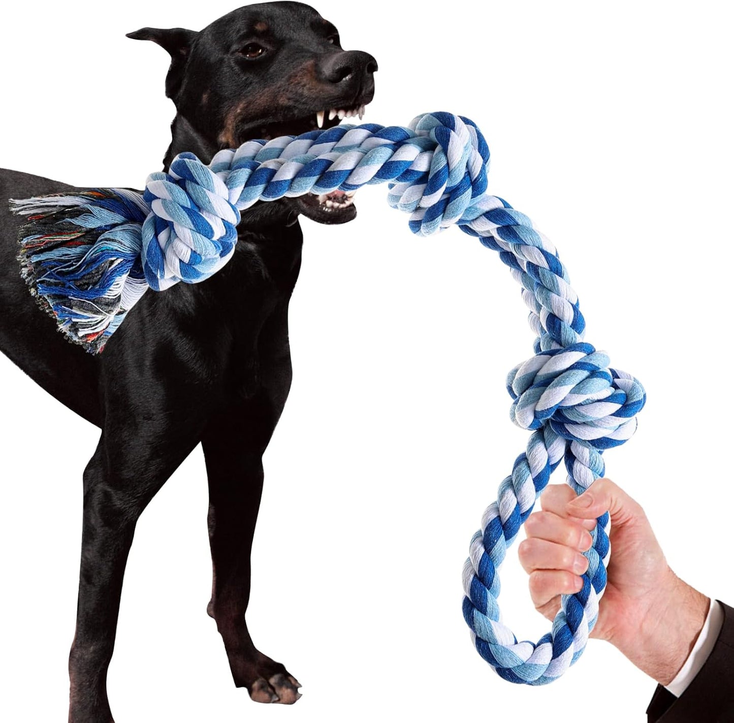 XIGOU dog rope toy front view heavy duty blue and white multi knot chew rope