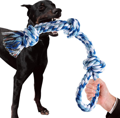 XIGOU dog rope toy front view heavy duty blue and white multi knot chew rope