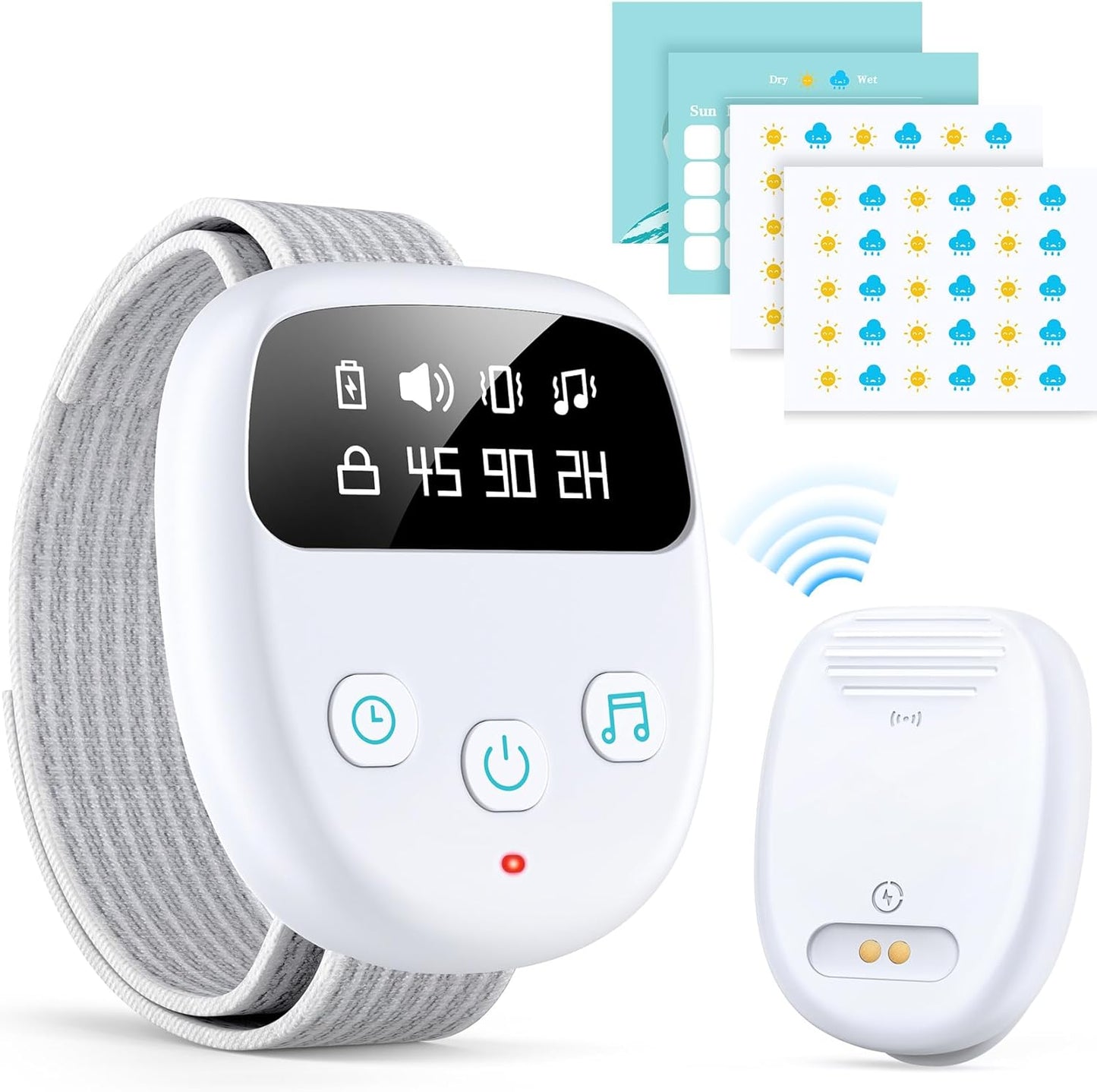 Chumoasis Wireless Bedwetting Alarm front view of grey receiver and sensor.