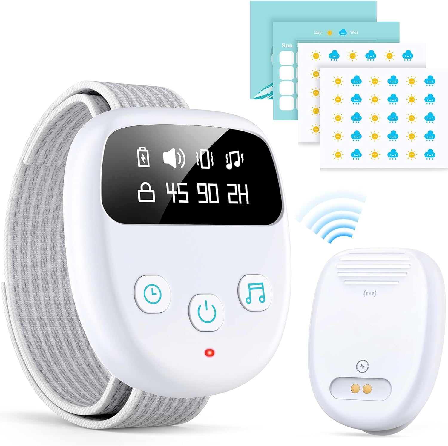 Chumoasis Wireless Bedwetting Alarm front view of grey receiver and sensor.