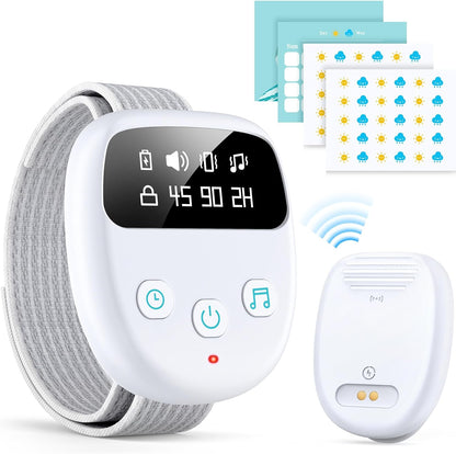 Chumoasis Wireless Bedwetting Alarm front view of grey receiver and sensor.