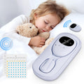 ReYang wireless bed wetting alarm white front view showcasing the digital charging storage case
