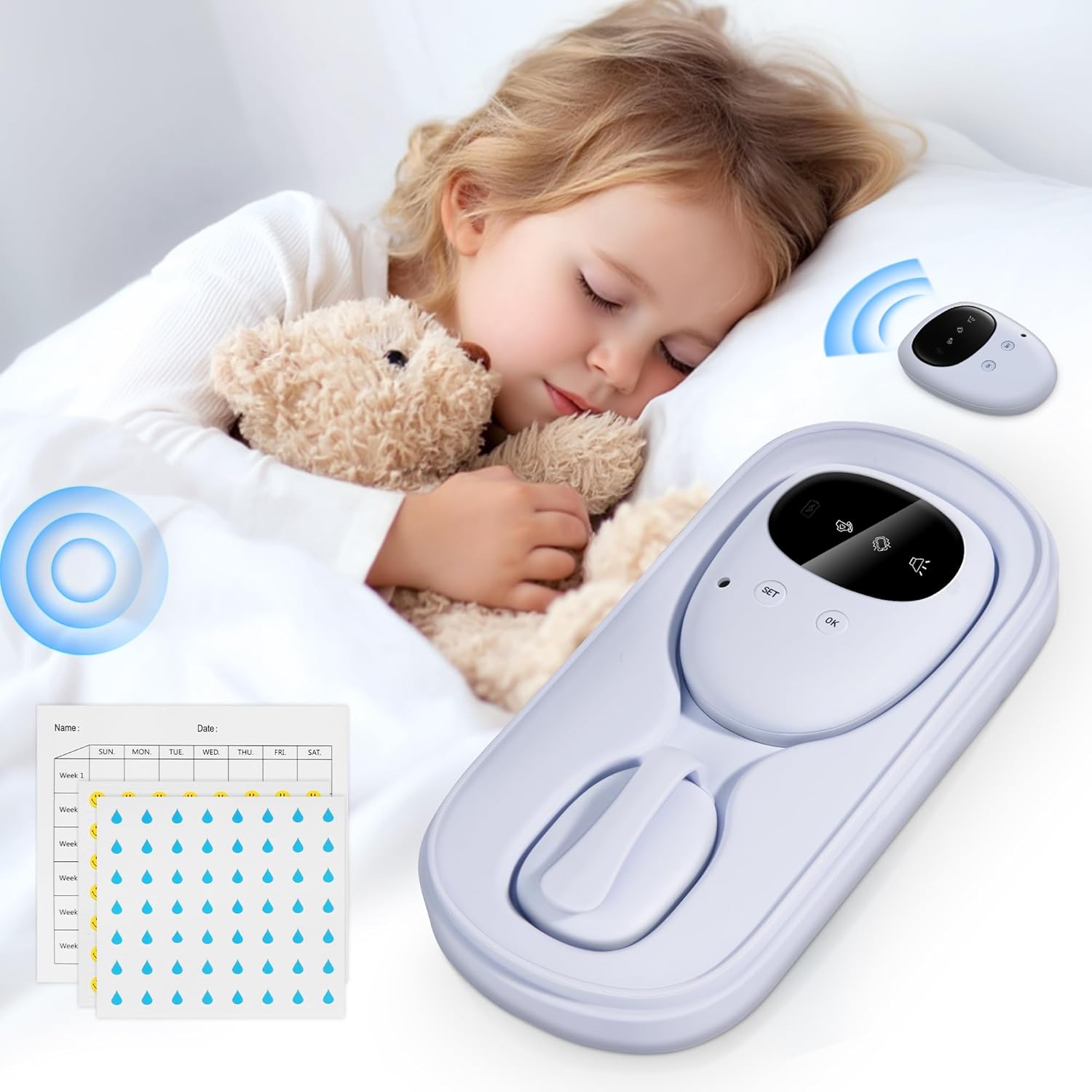 ReYang wireless bed wetting alarm white front view showcasing the digital charging storage case
