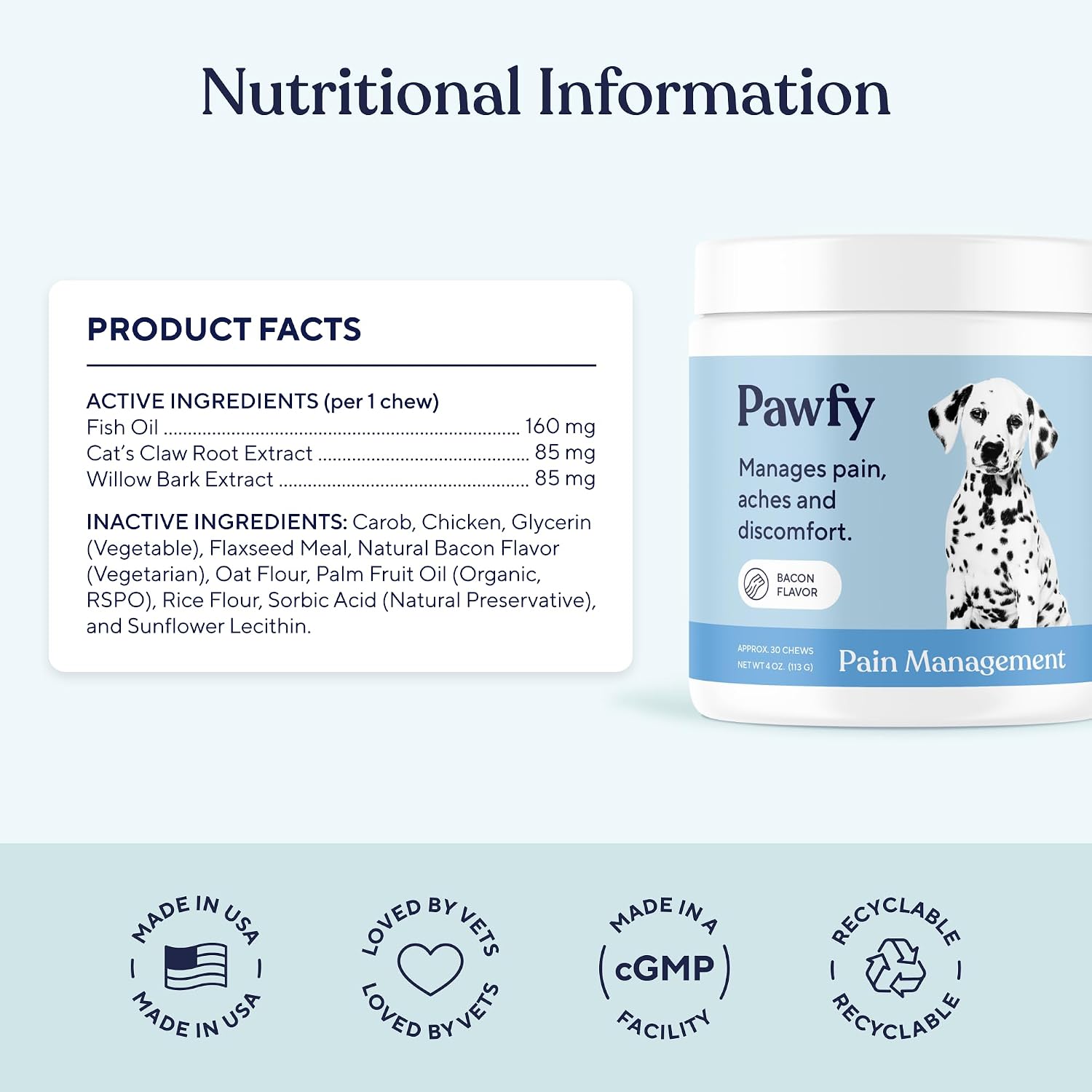Pawfy senior dog mobility supplement container highlighting safe and natural anti inflammatory features.