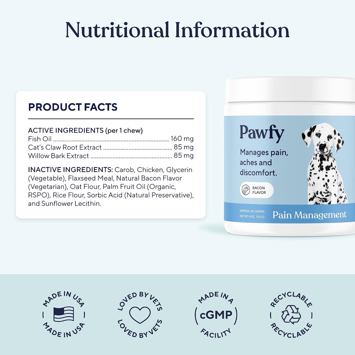 Pawfy senior dog mobility supplement container highlighting safe and natural anti inflammatory features.