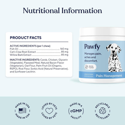 Pawfy senior dog mobility supplement container highlighting safe and natural anti inflammatory features.