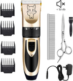 Quiet pet hair trimmer kit with four adjustable comb guards displayed